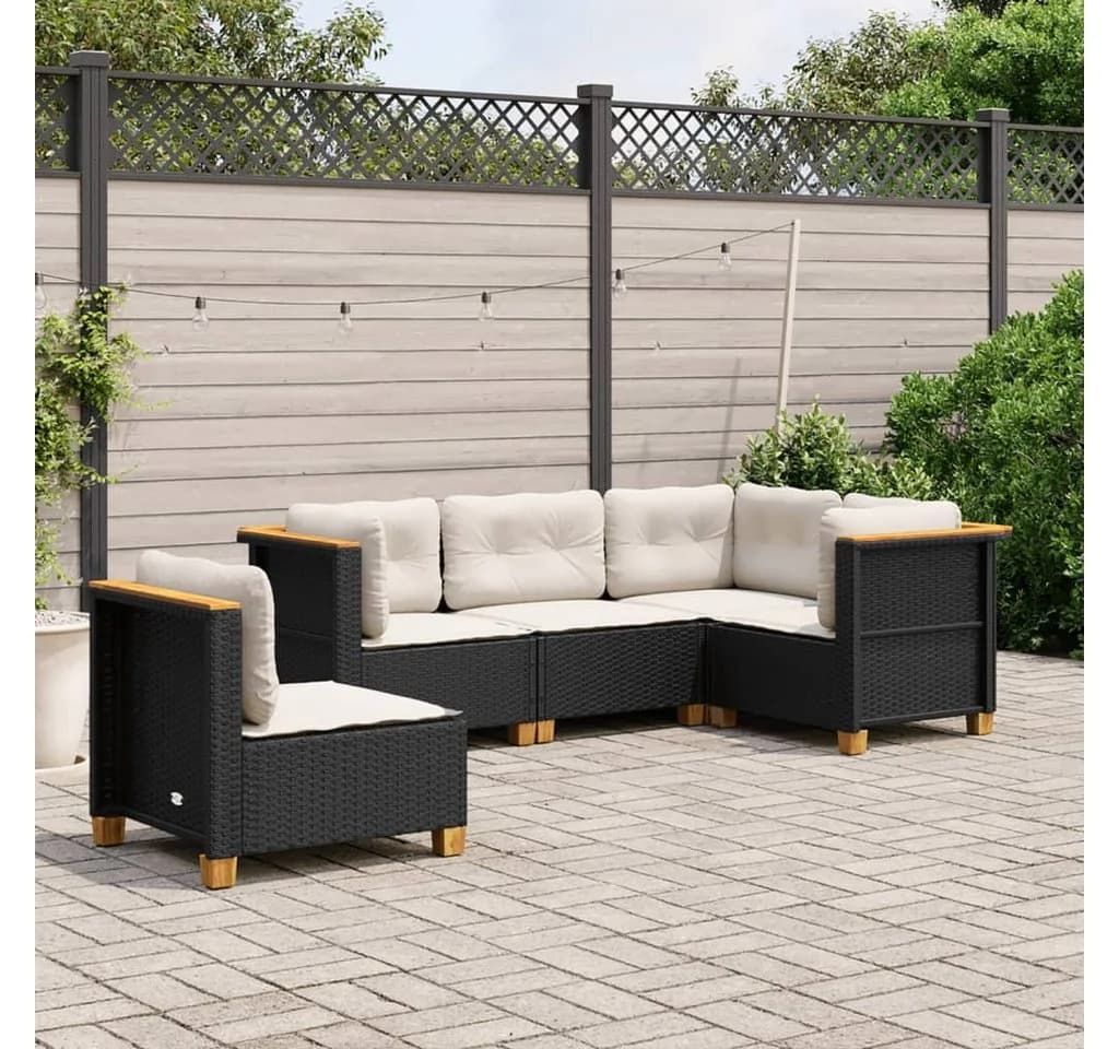 vidaXL Gartenlounge-Set 5-tlg. Schwarz Poly Rattan mit Kissen