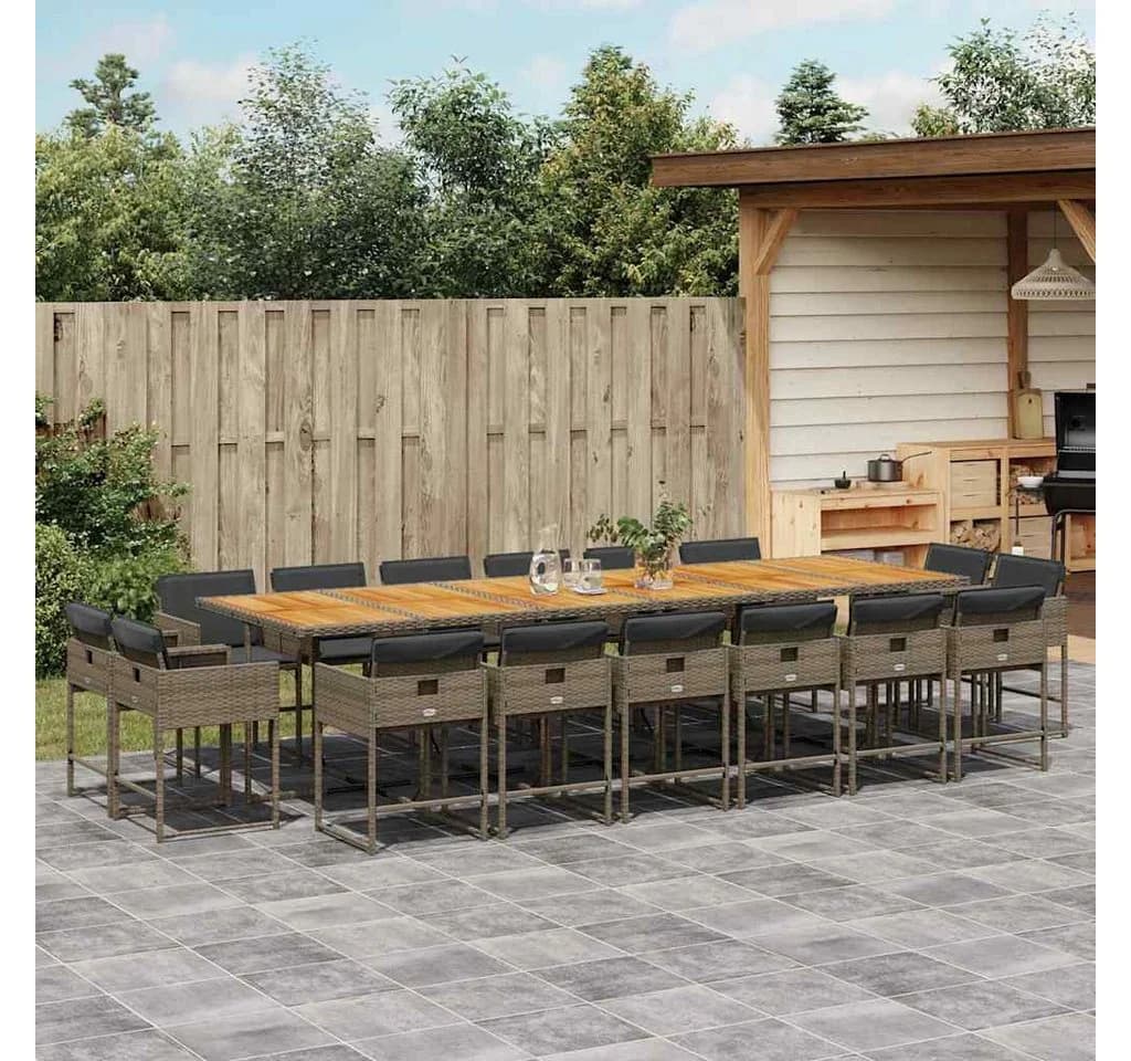 vidaXL Garten-Essgruppe 17-tlg. Grau Poly Rattan mit Kissen