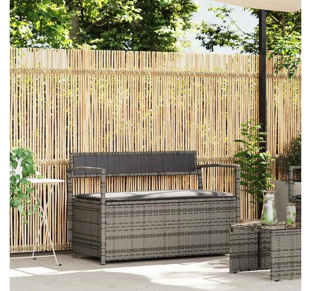 vidaXL Gartenbank mit Stauraum und Kissen Grau Poly Rattan