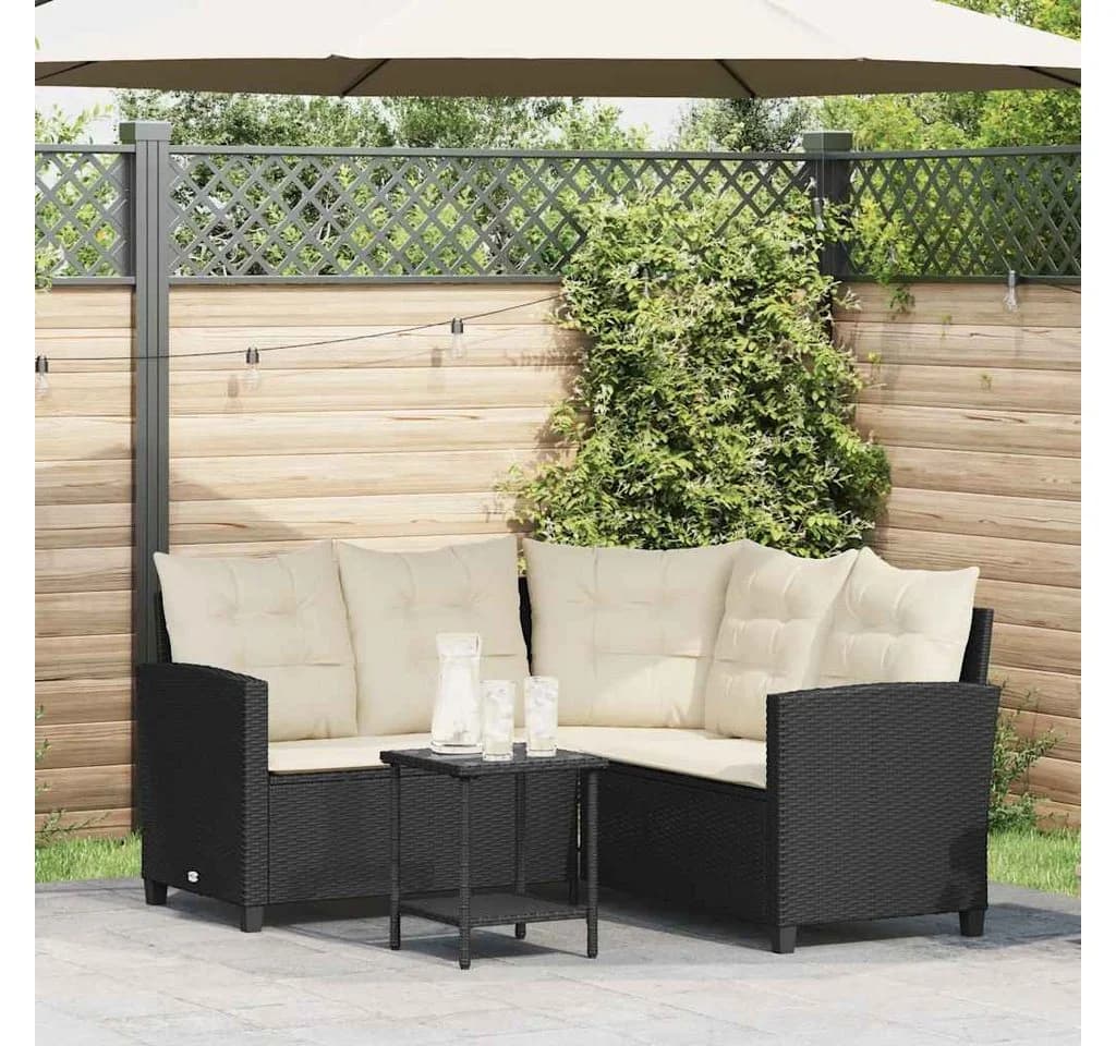 vidaXL Loungesofa L-Form Schwarz Poly Rattan mit Tisch und Kissen