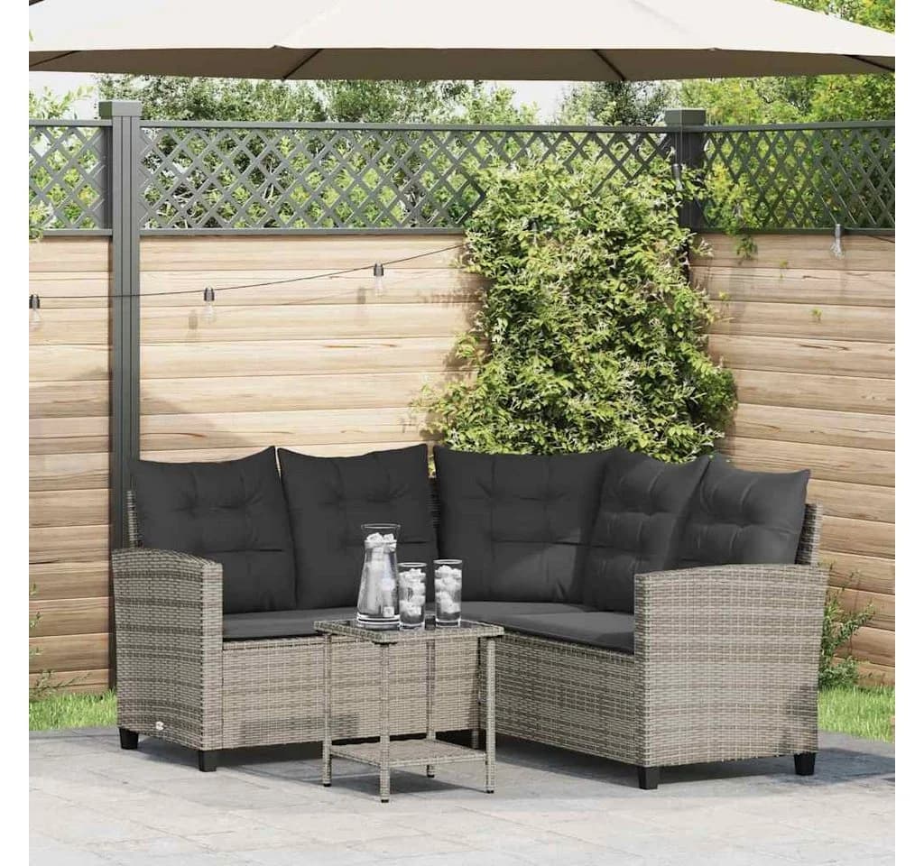 vidaXL Loungesofa L-Form Grau Poly Rattan mit Tisch und Kissen