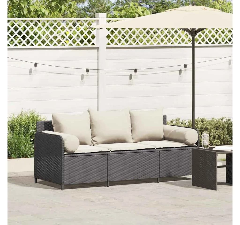 vidaXL Gartensofa 3-Sitzer Schwarz Poly Rattan mit Kissen