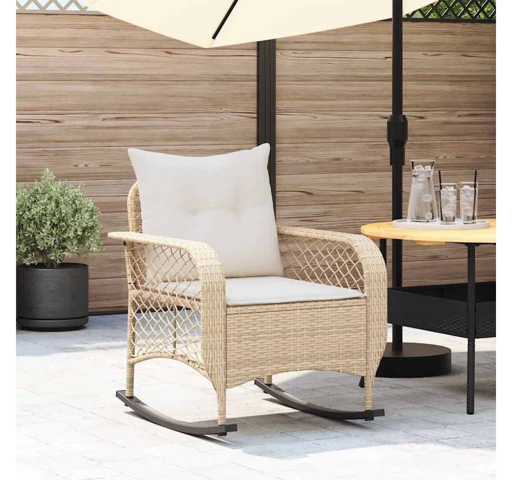 vidaXL Garten-Schaukelstuhl mit Kissen Beige Poly Rattan