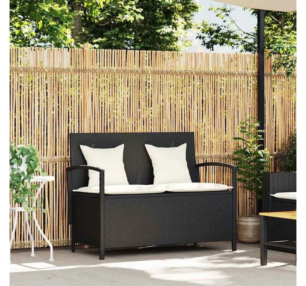 vidaXL Gartenbank Schwarz Poly Rattan mit Stauraum und Kissen