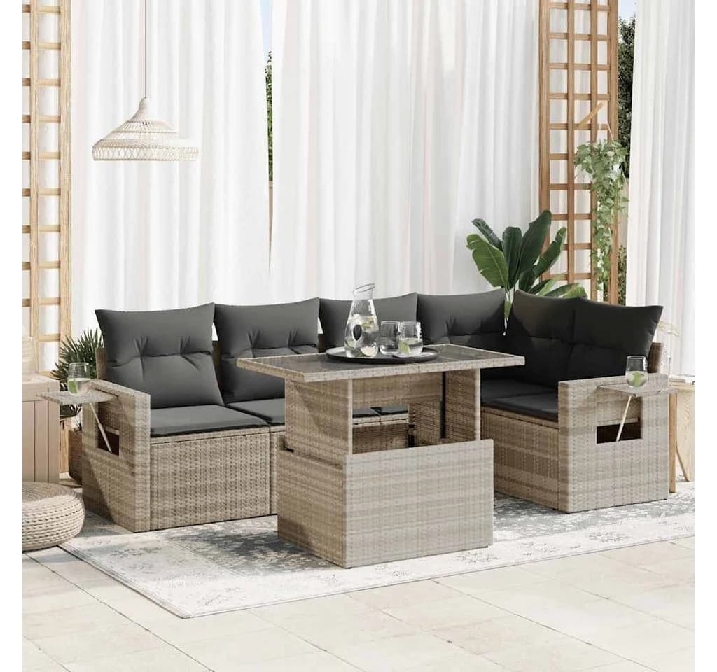 vidaXL Gartenlounge-Set 6-tlg. Hellgrau Poly Rattan mit Kissen