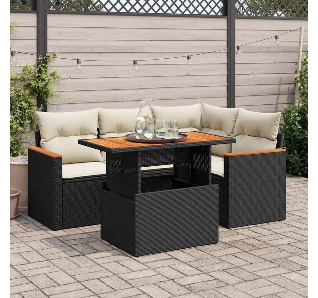 vidaXL Gartenlounge-Set 5-tlg. Schwarz Poly Rattan mit Kissen