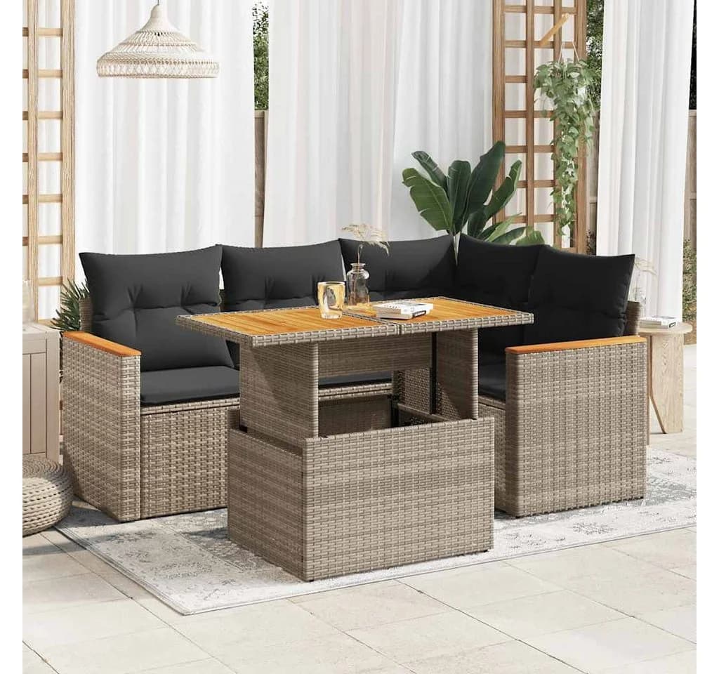 vidaXL Gartenlounge-Set 5-tlg. Grau Poly Rattan mit Kissen