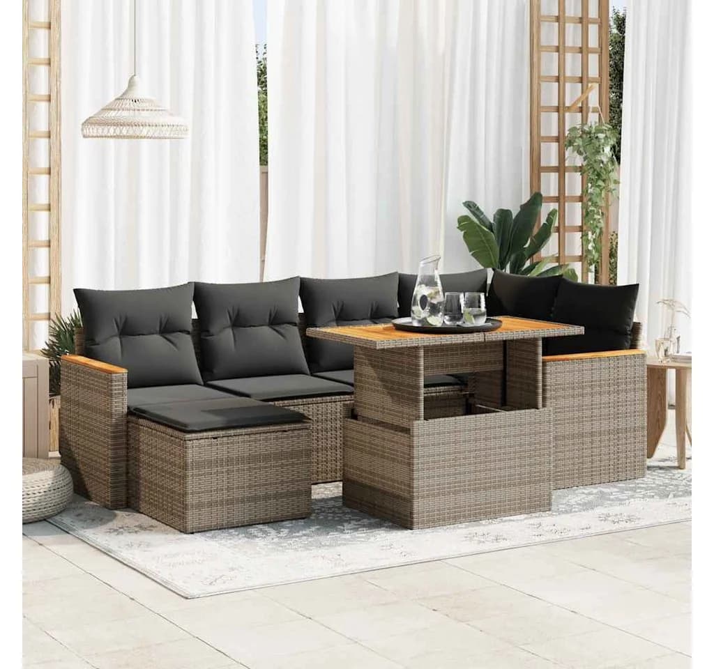 vidaXL Gartenlounge-Set 7-tlg. Grau Poly Rattan mit Kissen
