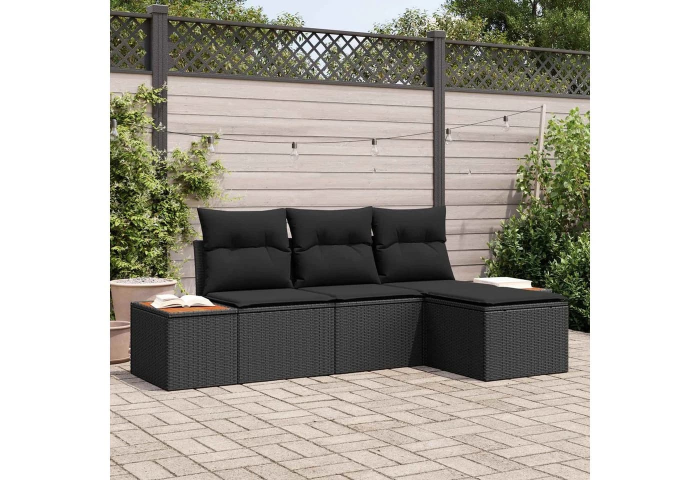 vidaXL Gartensofa-Set 4-tlg. Schwarz Poly-Rattan mit Stauraum