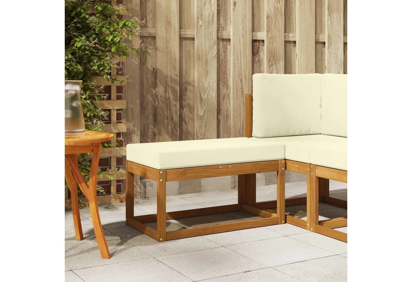 vidaXL Sofaelement Outdoor Hockerbank mit Kissen Natur und Creme