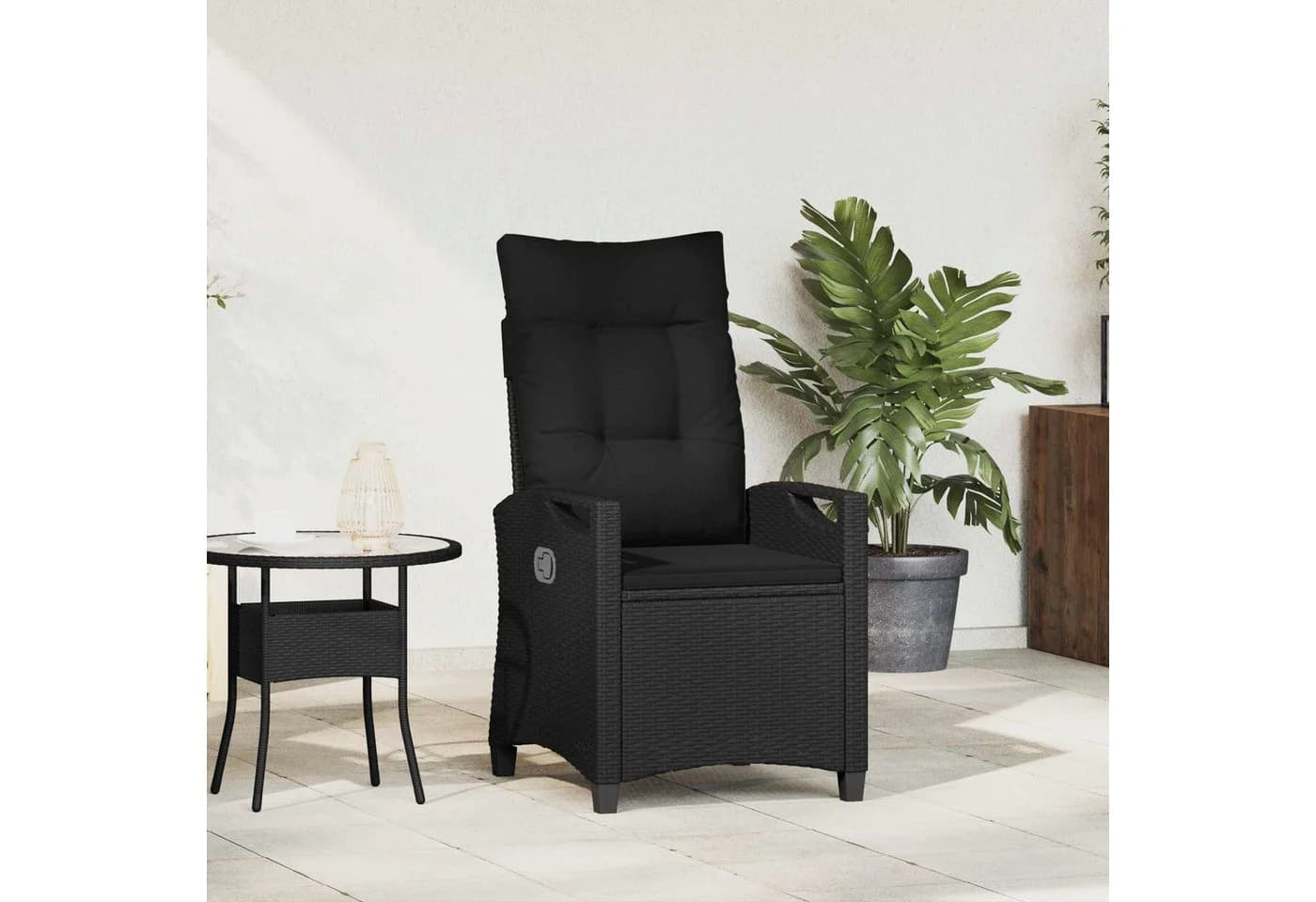 vidaXL Verstellbarer Gartenstuhl mit Klapptisch Schwarz Poly-Rattan
