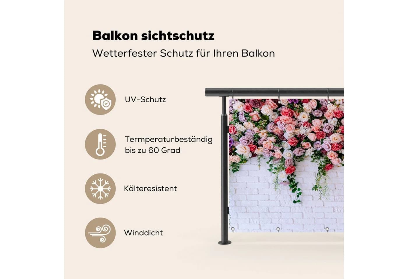 MuchoWow Balkonsichtschutz Rosa Blumen PVC 90x200 cm - Bild 3