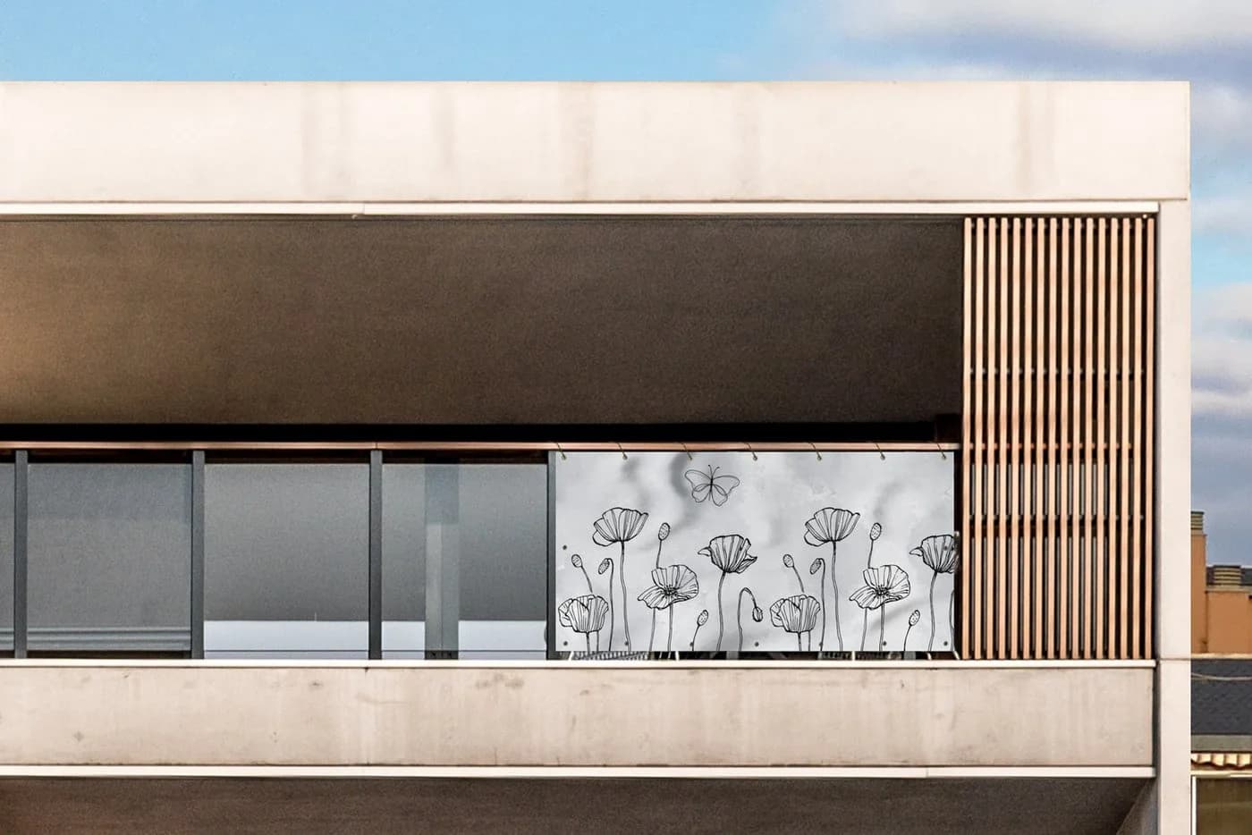 MuchoWow Balkonsichtschutz Grau Mohnblumen Schmetterlinge PVC