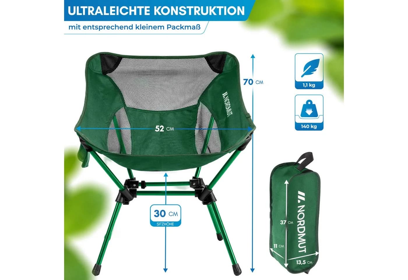 Nordmut Campingstuhl Allakas Faltbar Ultraleicht 1,1 kg Aluminium Grün