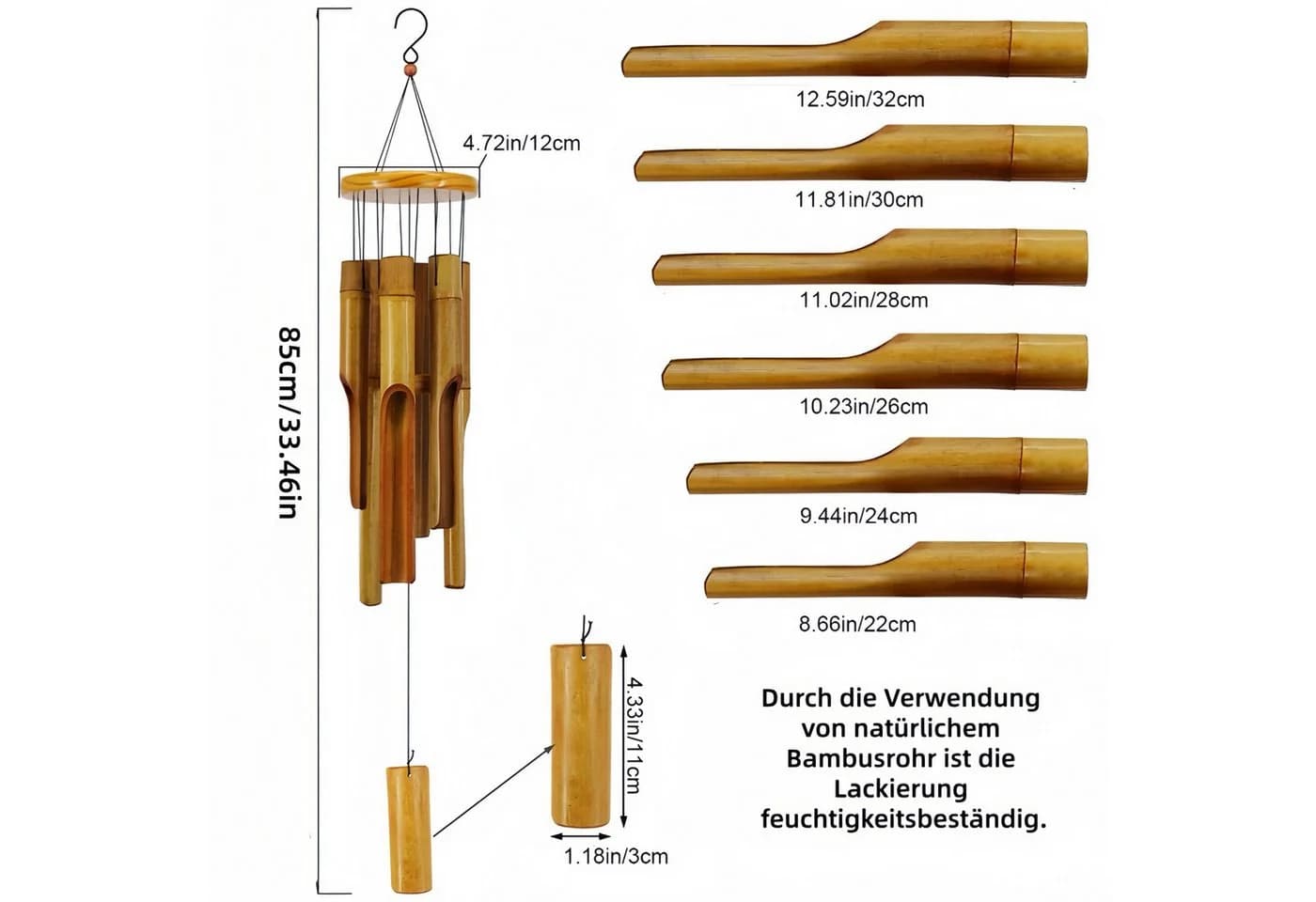 FOUORTUNATE-BEE Bambus-Windspiel 32 Zoll für Garten & Zuhause