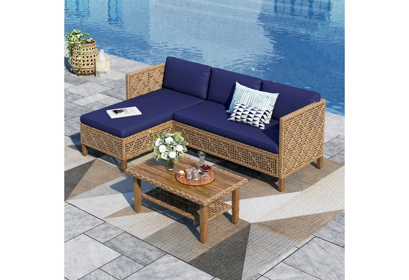 PHI VILLA Gartenlounge-Set 4-tlg. Beige/Dunkelblau PE Rattan - Bild 2