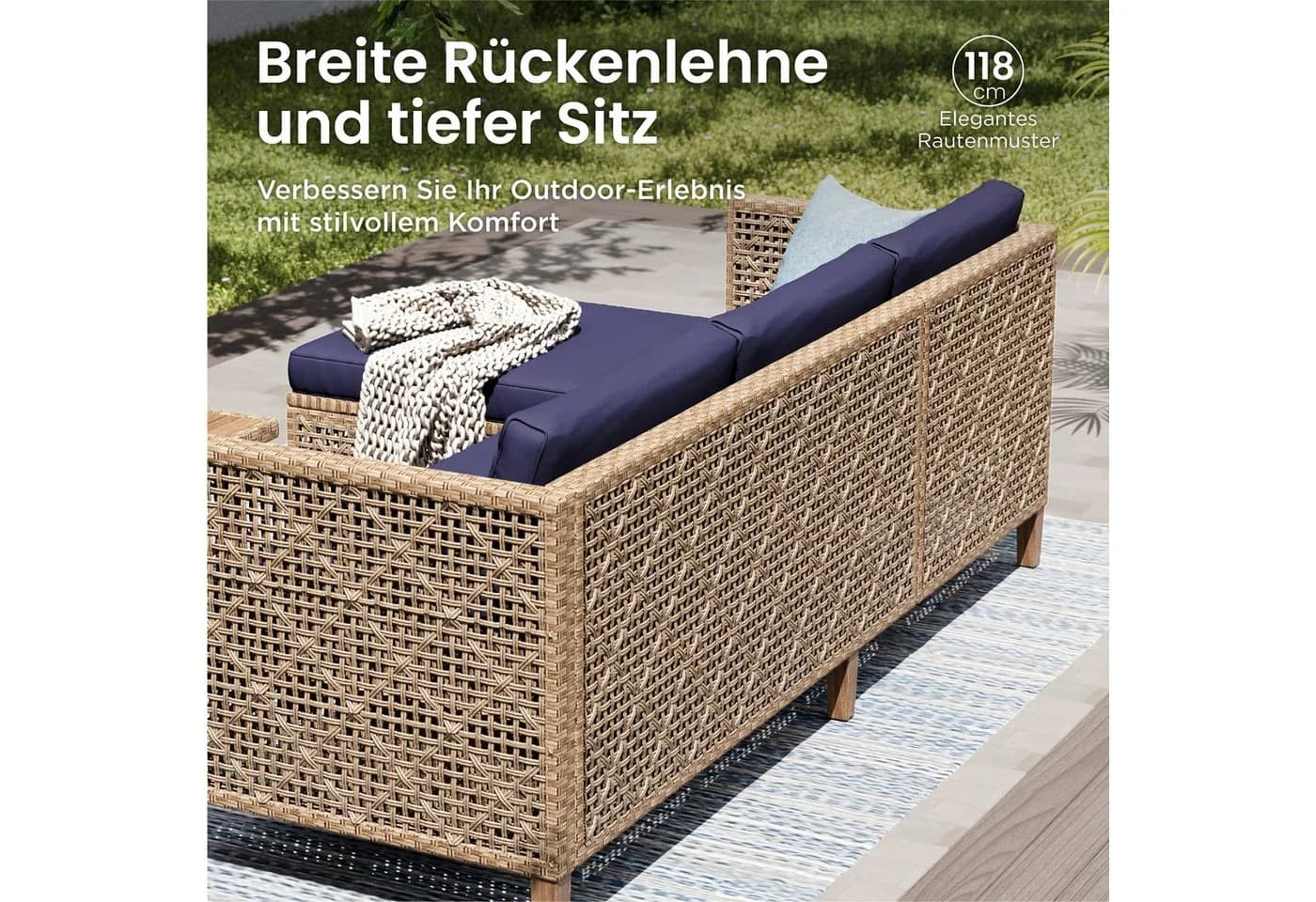 PHI VILLA Gartenlounge-Set 4-tlg. Beige/Dunkelblau PE Rattan - Bild 3