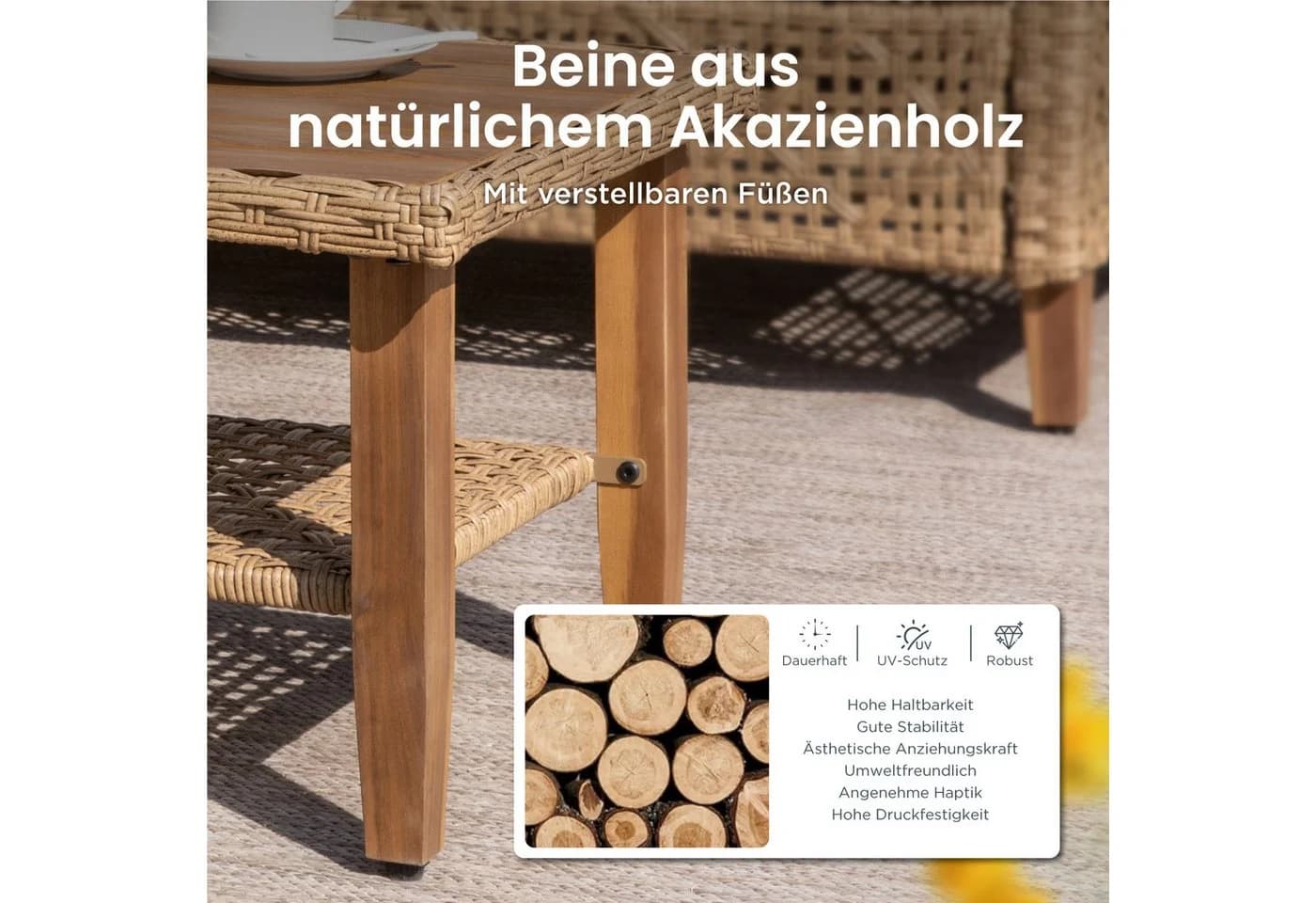 PHI VILLA Gartenlounge-Set 4-tlg. Beige/Dunkelblau PE Rattan - Bild 5