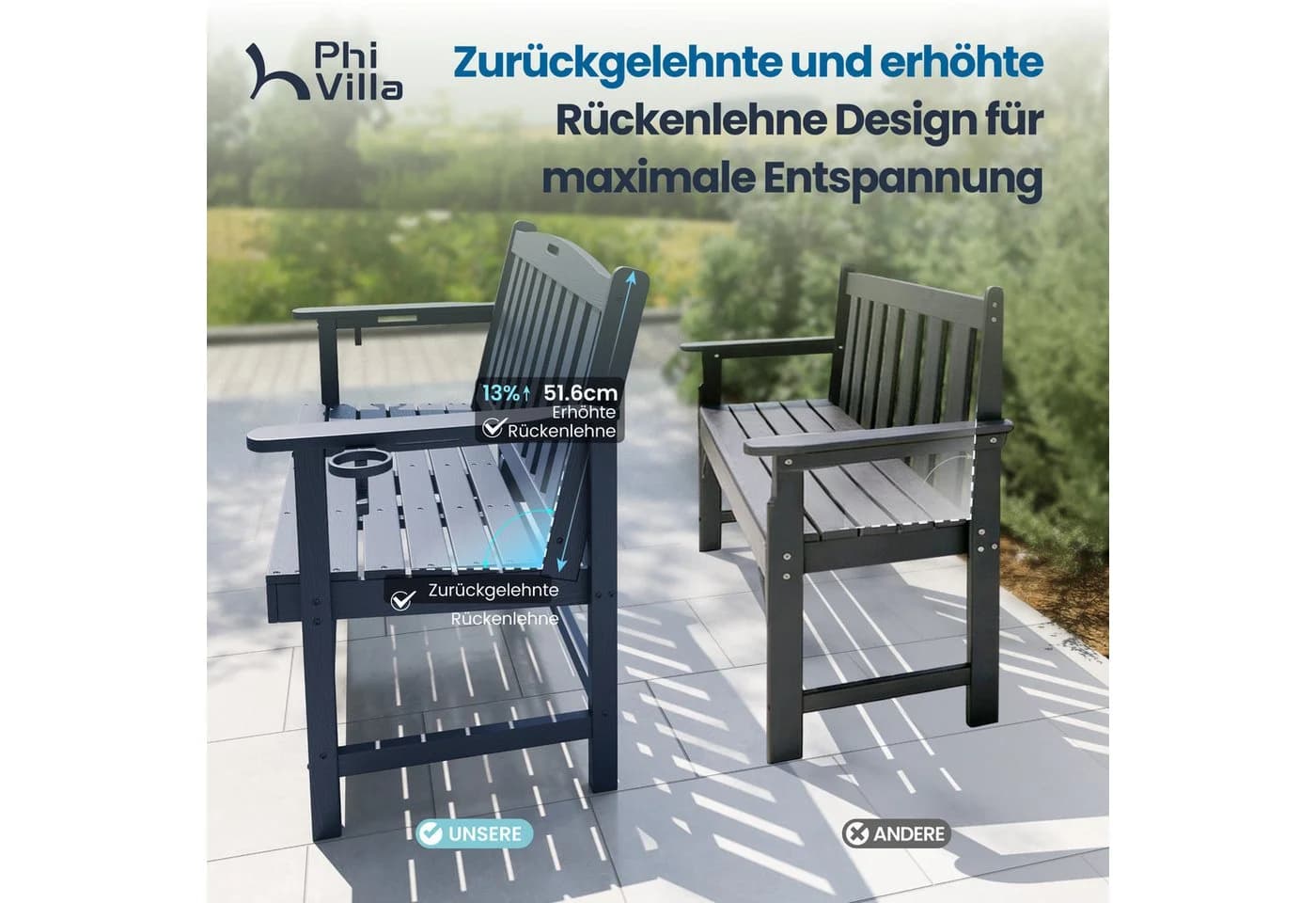 PHI VILLA Gartenbank Schwarz Marineblau HDPE - Bild 5