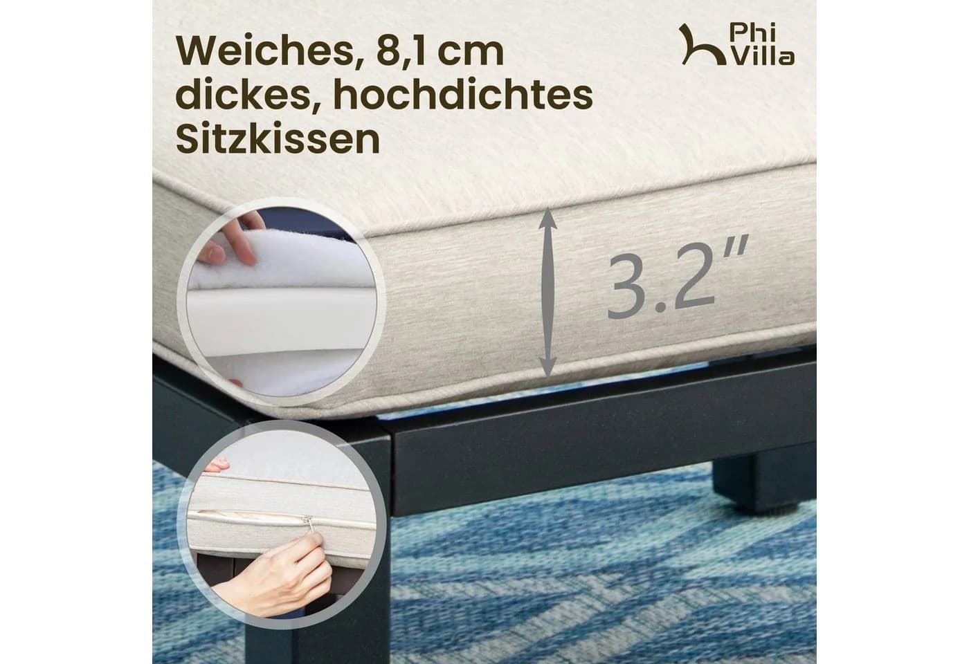 PHI VILLA Gartenlounge-Set Beige Metall mit Kissen - Bild 3