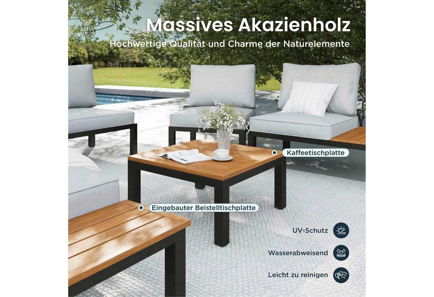 PHI VILLA Gartenlounge-Set Beige-Grau Wetterfest mit Kissen