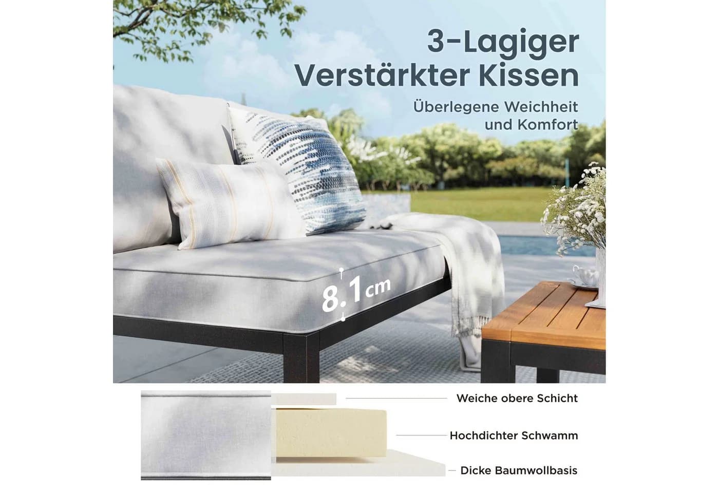 PHI VILLA Gartenlounge-Set Beige-Grau Wetterfest mit Kissen - Bild 4