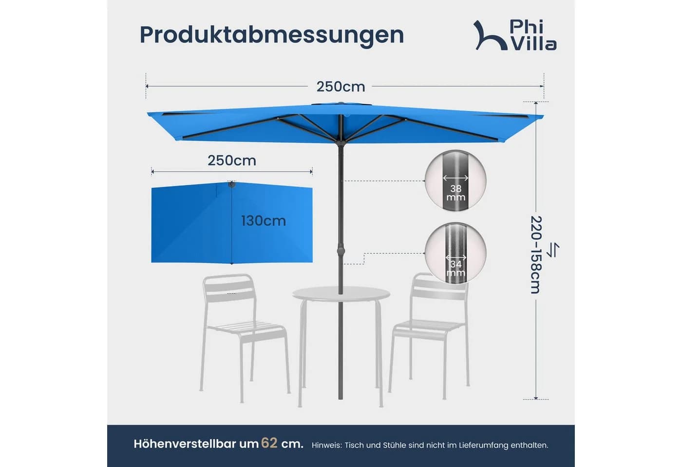 PHI VILLA Balkonschirm Blau Höhenverstellbar mit Klemme