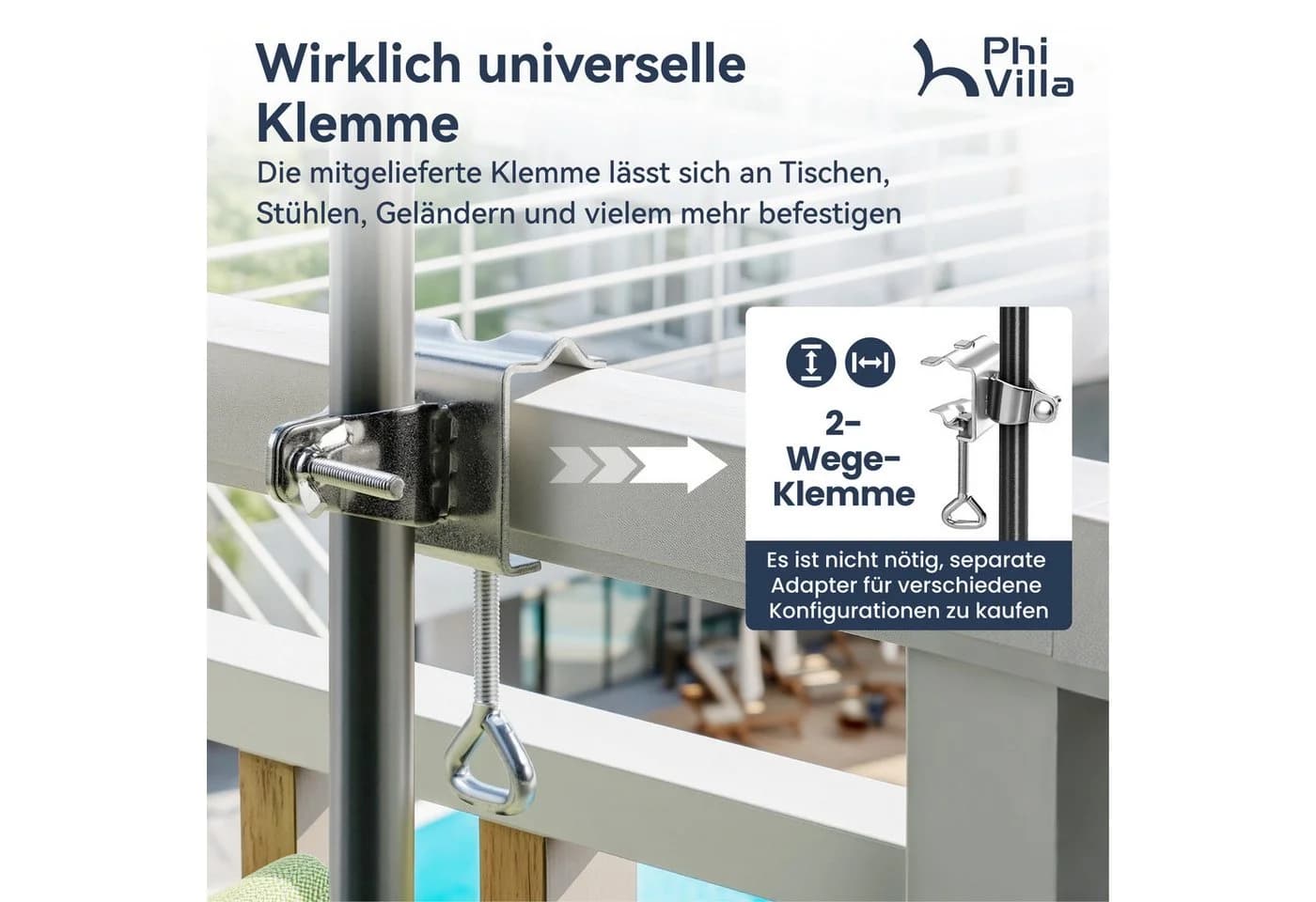 PHI VILLA Balkonschirm Blau Höhenverstellbar mit Klemme - Bild 3