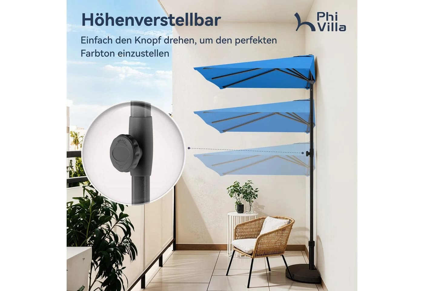 PHI VILLA Balkonschirm Blau Höhenverstellbar mit Klemme - Bild 4