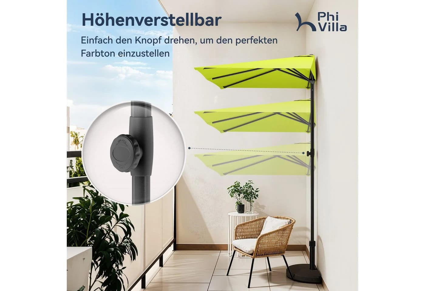 PHI VILLA Balkonschirm Grün Höhenverstellbar mit Klemme