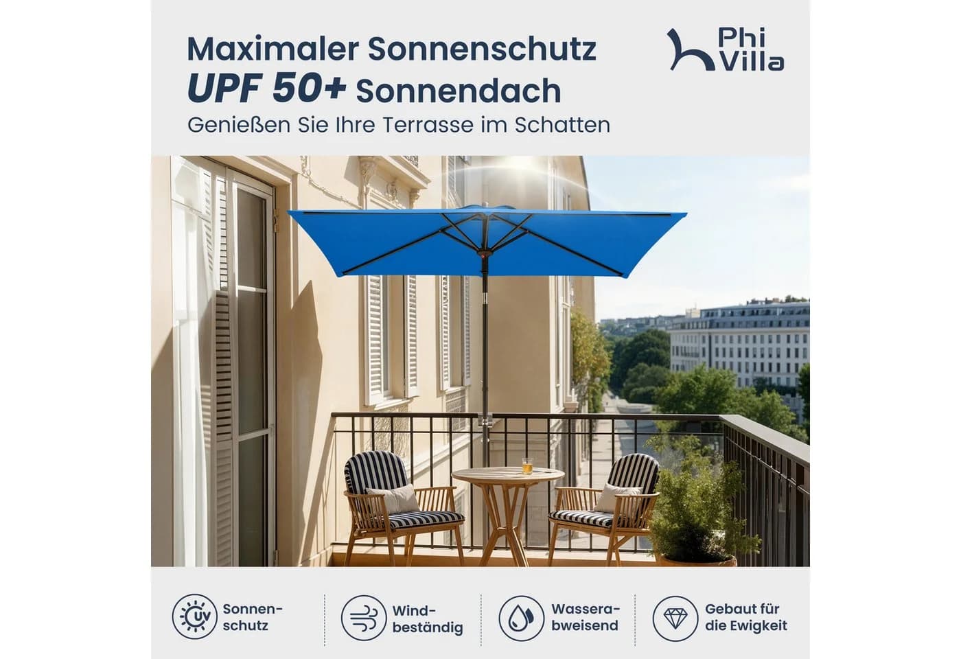 PHI VILLA Balkonschirm Blau mit Klemme UV50+ - Bild 5