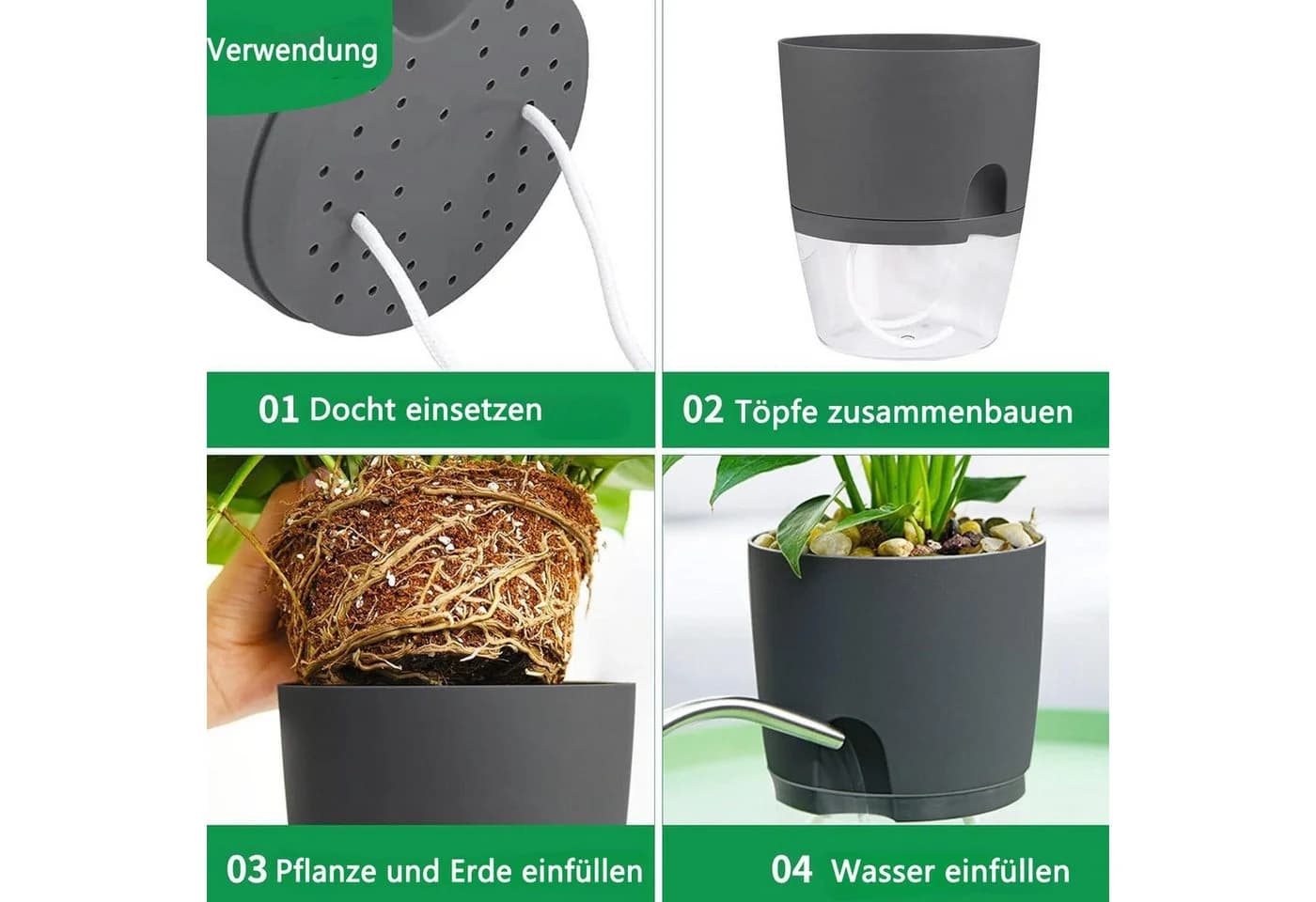 FOUORTUNATE-BEE Kräutertopf Set 3er mit Selbstbewässerung Weiß/Transparent - Bild 5