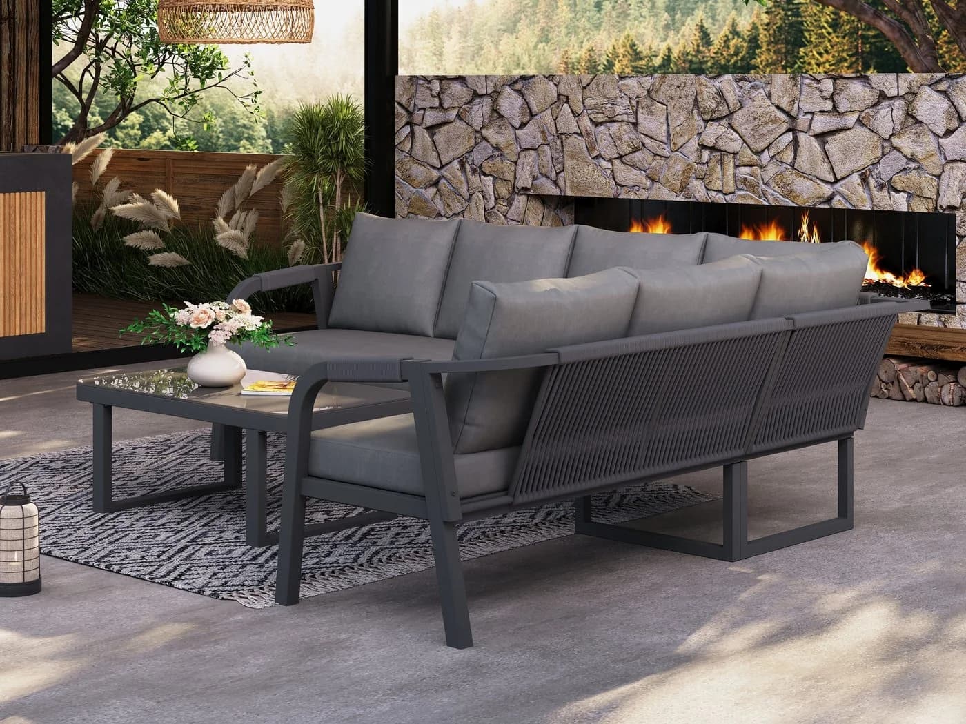 MC Star Gartenlounge-Set 6-Sitzer Grau mit Glas-Couchtisch