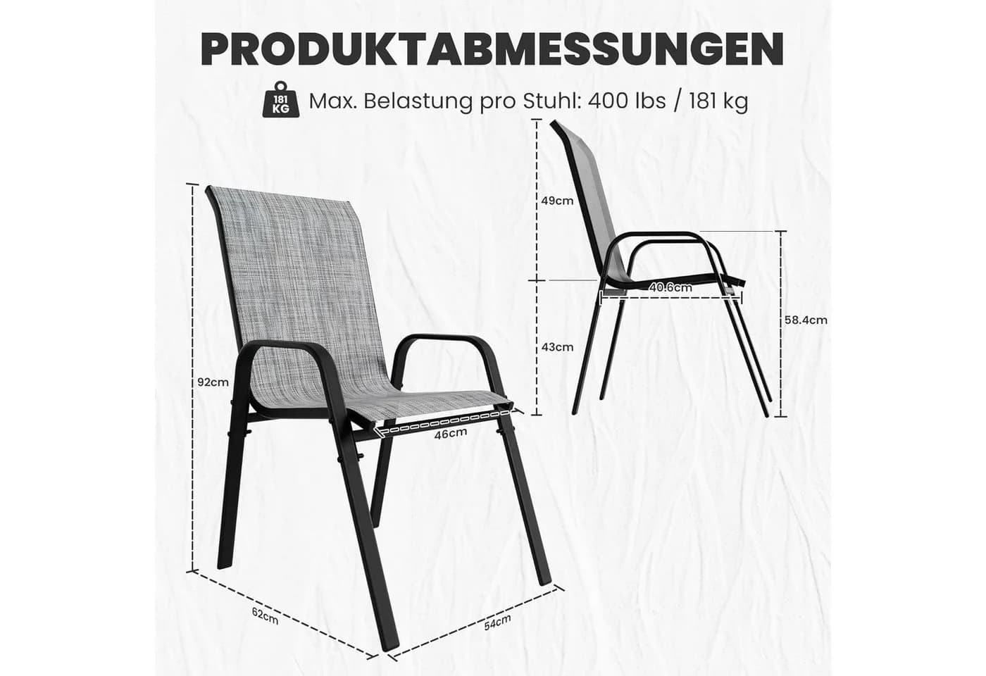 GOTLAND Gartenstuhl Hochlehner 6er Set Grau Schwarz Stapelbar - Bild 3