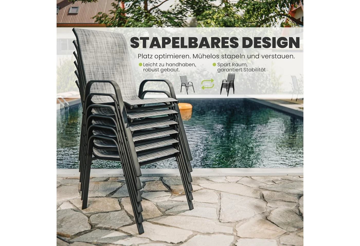 GOTLAND Gartenstuhl Hochlehner 6er Set Grau Schwarz Stapelbar - Bild 5