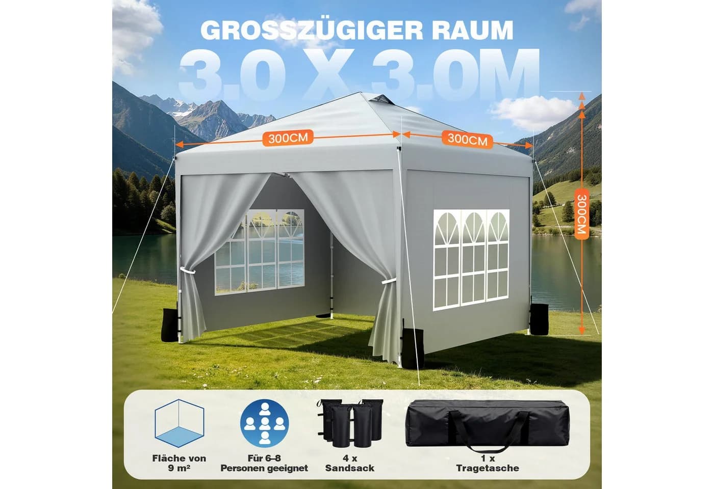 Huracan Faltpavillon Silbergrau 2,5x2,5m mit Seitenwänden
