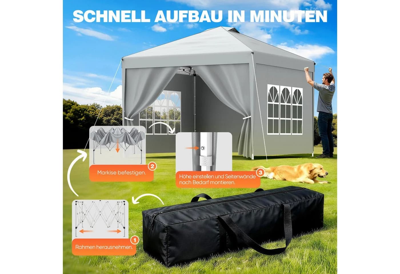 Huracan Faltpavillon Silbergrau 2,5x2,5m mit Seitenwänden - Bild 4