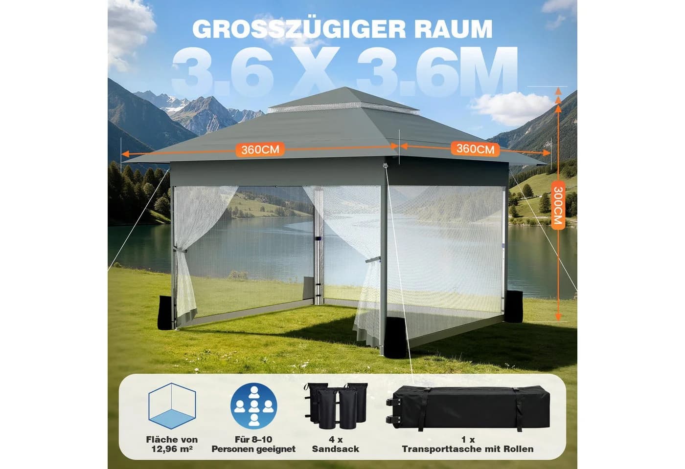 Huracan Faltpavillon 3,6x3,6m mit Moskitonetz Anthrazit
