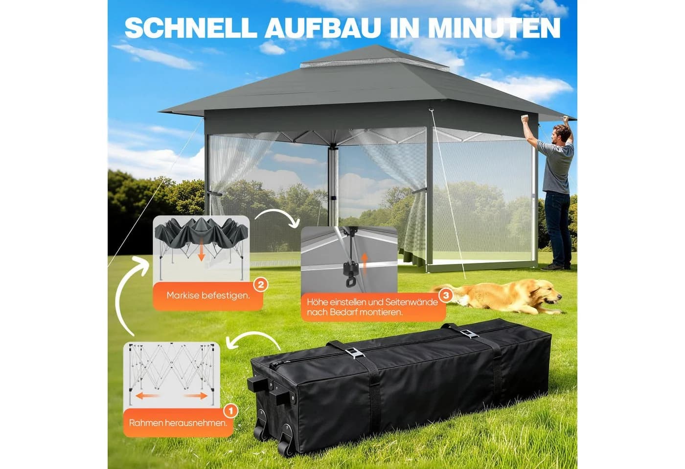 Huracan Faltpavillon 3,6x3,6m mit Moskitonetz Anthrazit - Bild 4