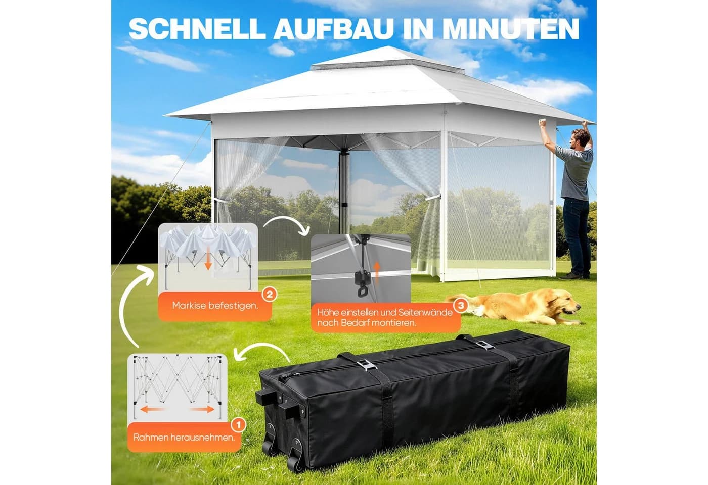 Huracan Faltpavillon 3,6x3,6m Weiß mit One-Touch-Hebesystem - Bild 4