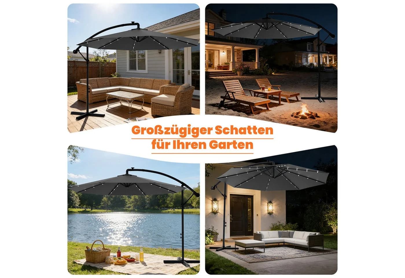 Huracan Sonnenschirm LED Solar Ø 250-350cm Ampelschirm mit Kurbel - Bild 3