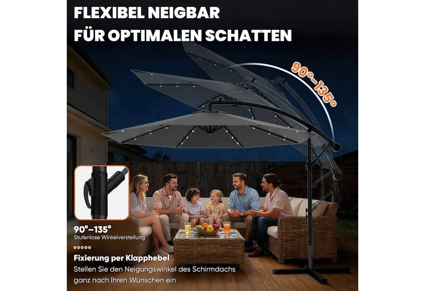 Huracan Sonnenschirm LED Solar Ø 250-350cm Ampelschirm mit Kurbel - Bild 4