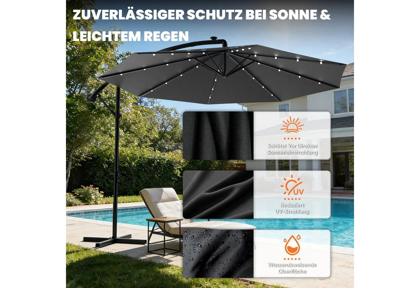 Huracan Sonnenschirm LED Solar Ø 250-350cm Ampelschirm mit Kurbel - Bild 5