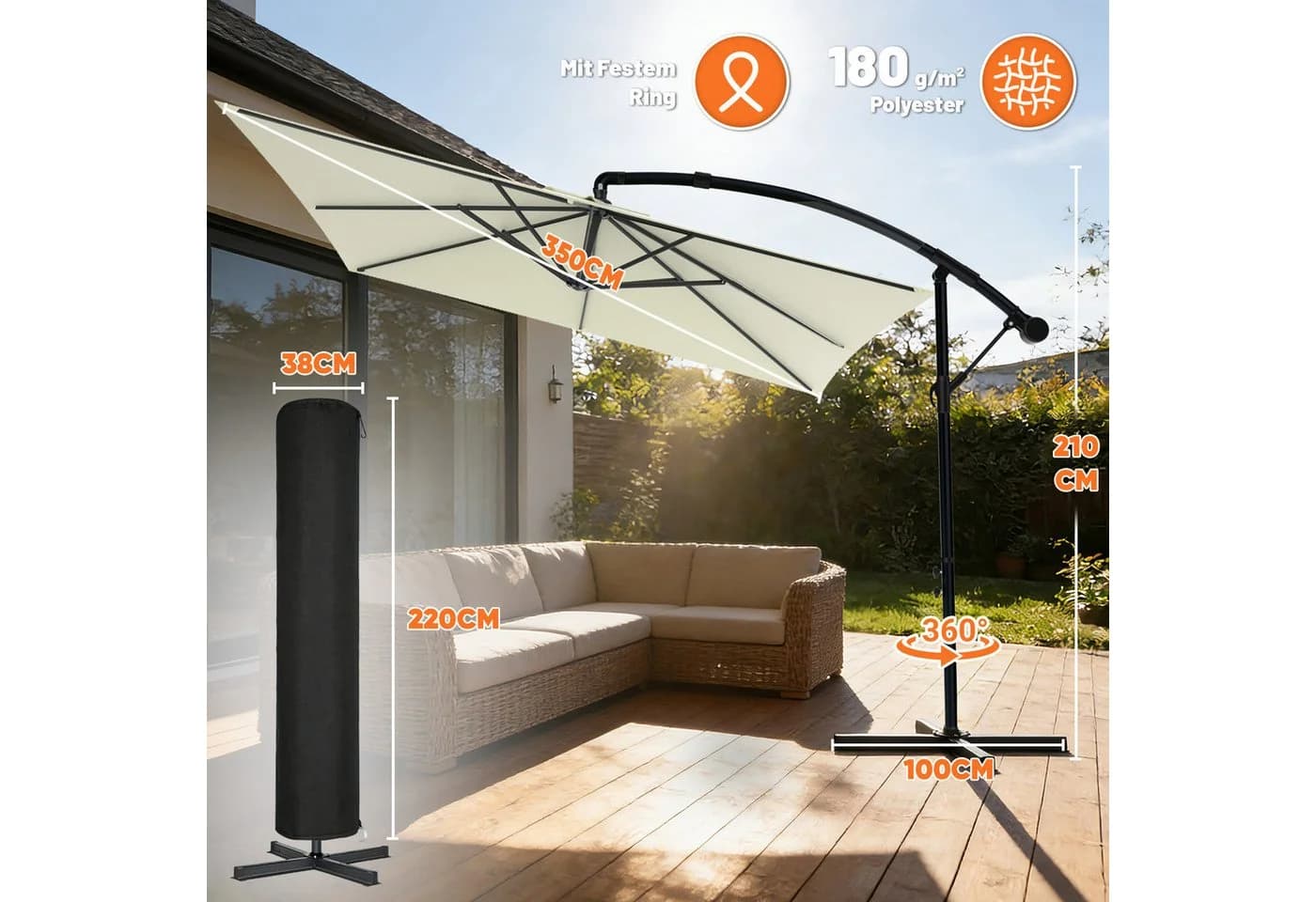 Huracan Sonnenschirm LED Solar Ampelschirm Beige/Anthrazit mit Kurbel