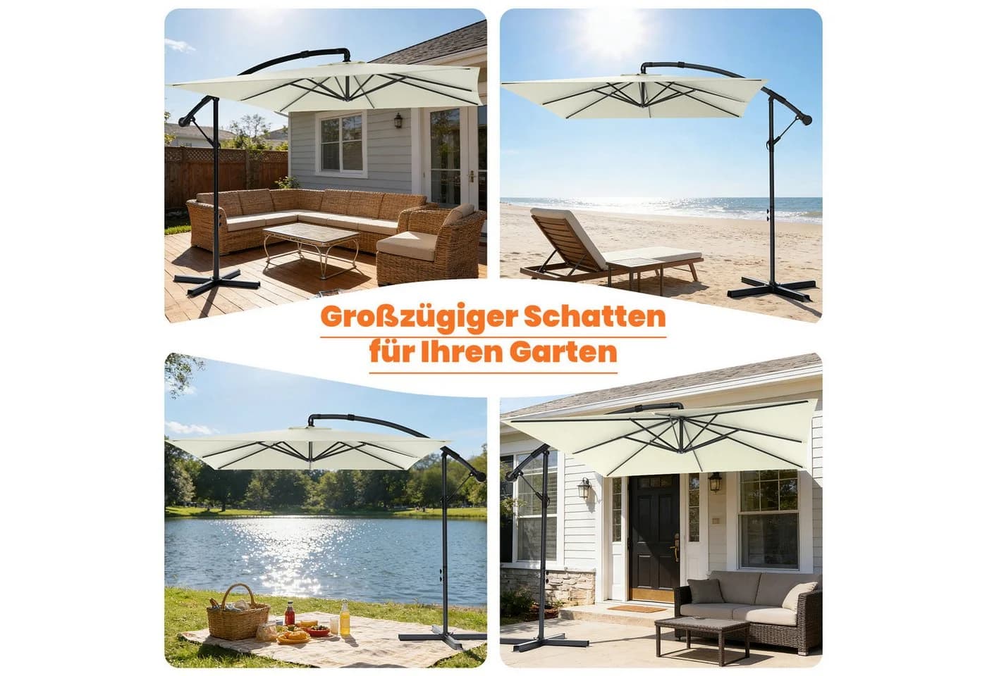 Huracan Sonnenschirm LED Solar Ampelschirm Beige/Anthrazit mit Kurbel - Bild 3