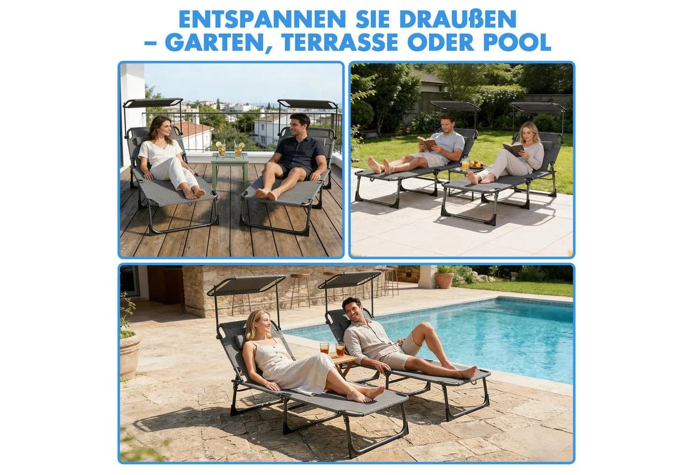 Huracan Gartenliege mit Dach & Kopfkissen Schwarz - Bild 4