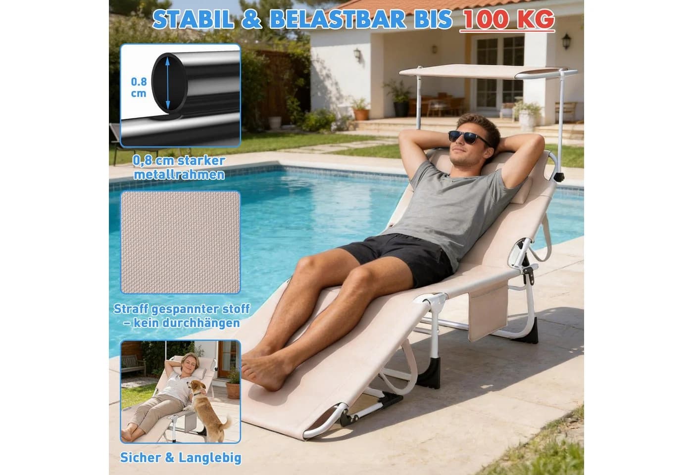 Huracan Gartenliege mit Dach & Klappfunktion Beige