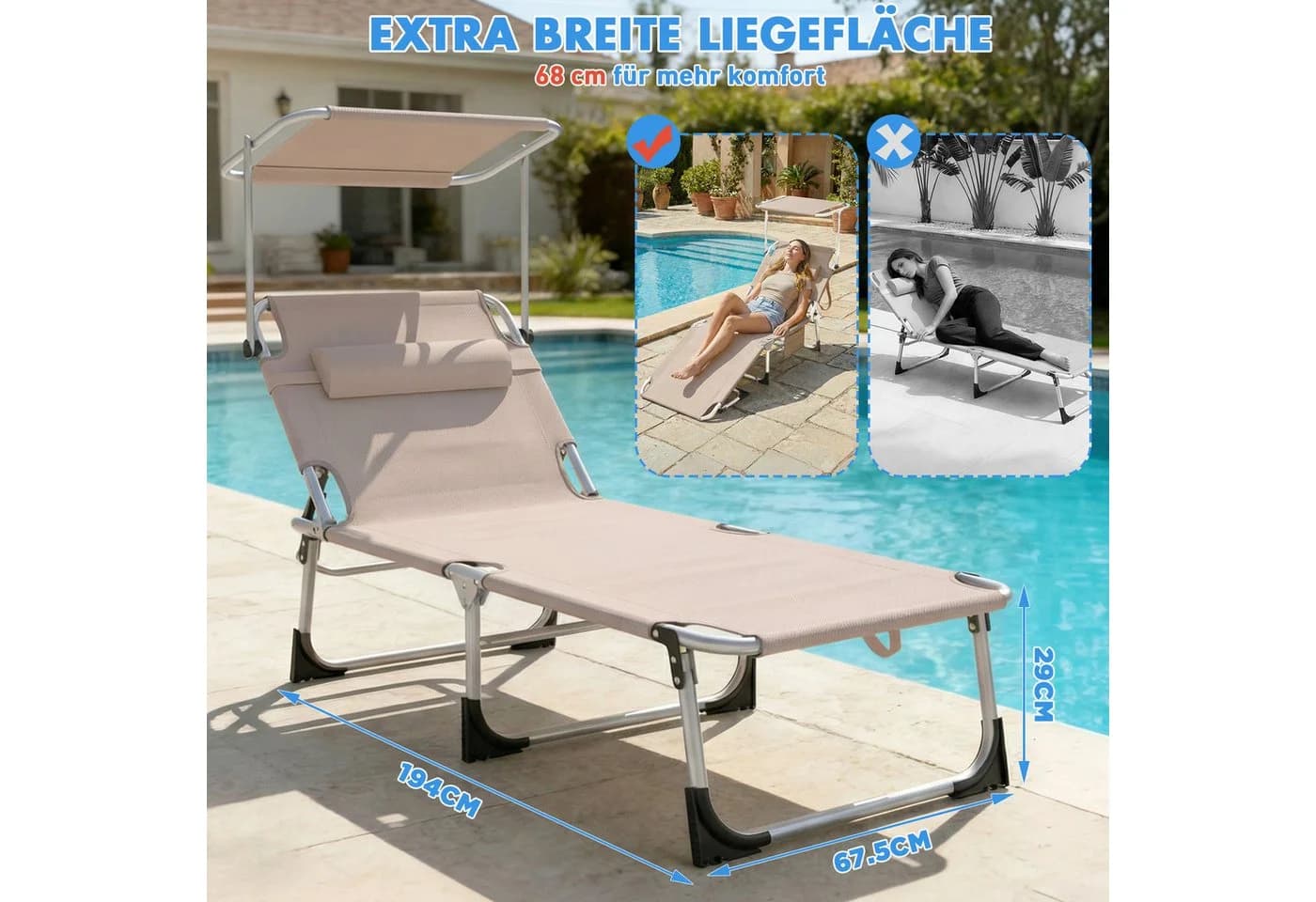 Huracan Gartenliege mit Dach & Klappfunktion Beige - Bild 3