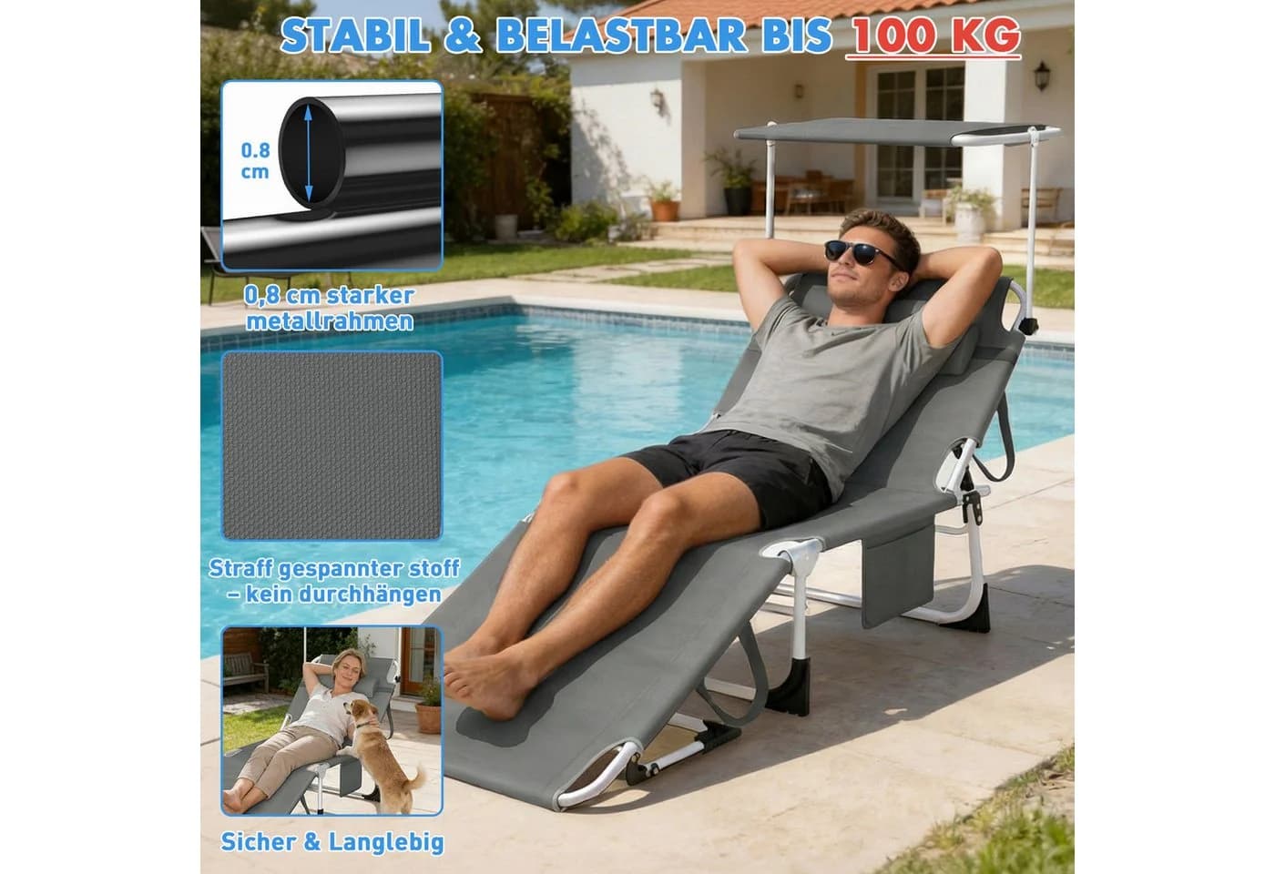 Huracan Gartenliege mit Dach & Kopfkissen 2 St. Klappbar Extra Breit