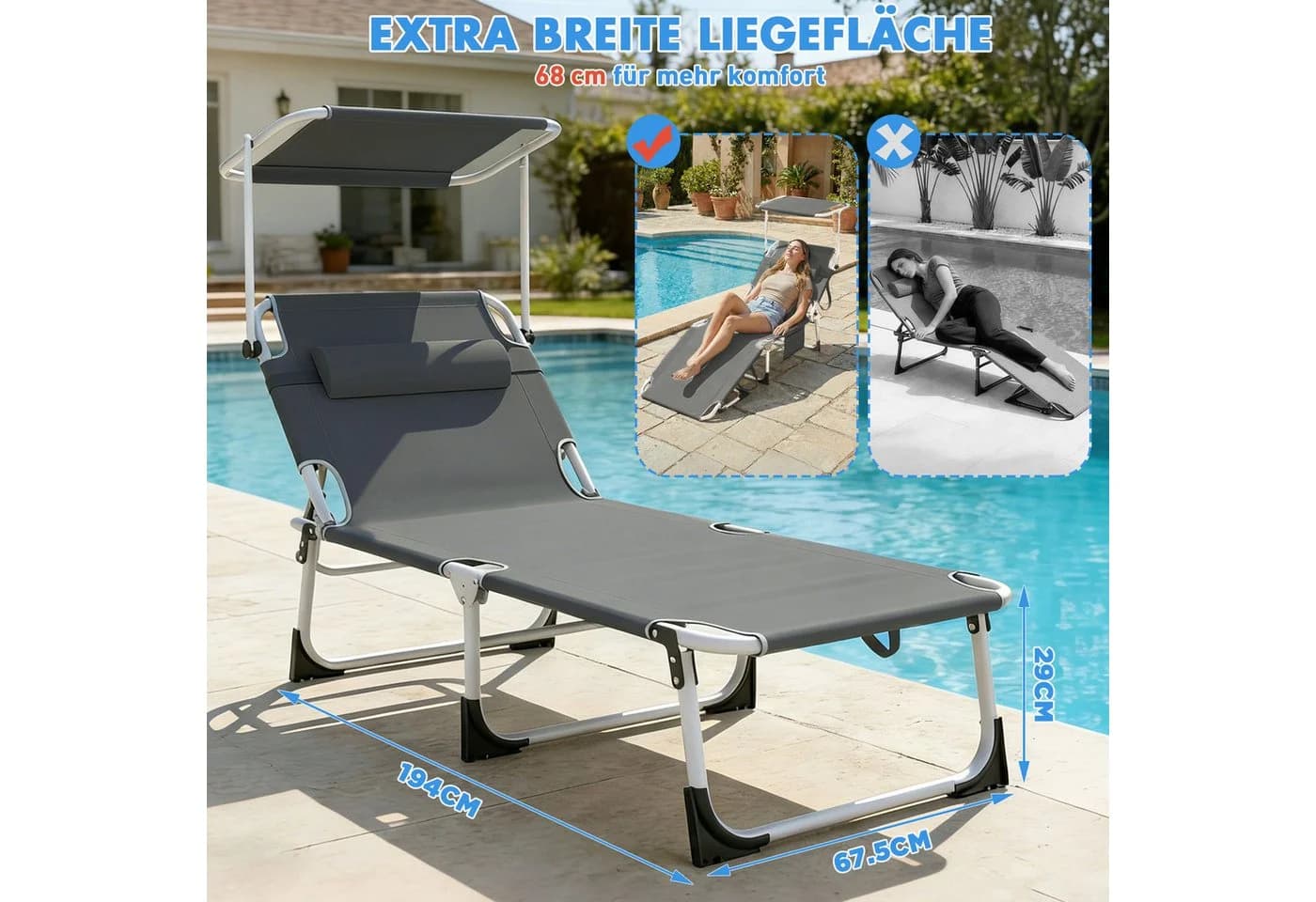 Huracan Gartenliege mit Dach & Kopfkissen 2 St. Klappbar Extra Breit - Bild 3